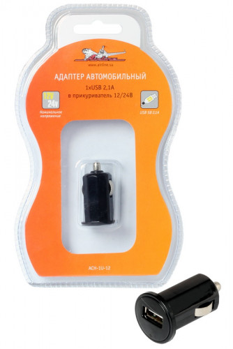 Зарядное устройство адаптер USB 2.1А в прикуриватель 12/24В (AIRLINE) ACH-1U-12